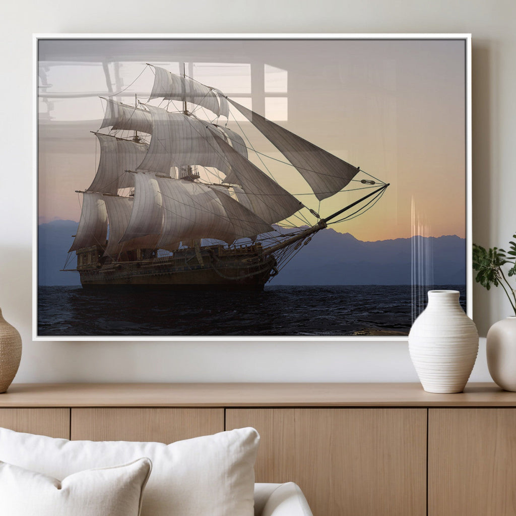 Majestic Sailing Ship Wall Art Canvas Print, Sunset Ocean Voyage with Tall Ship
