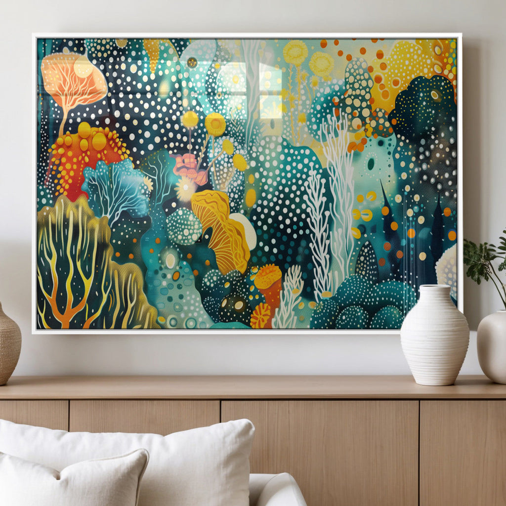 Luminous Abstract Ocean Garden Wall Art Canvas Print, Vibrant Coral Reef Marine Life