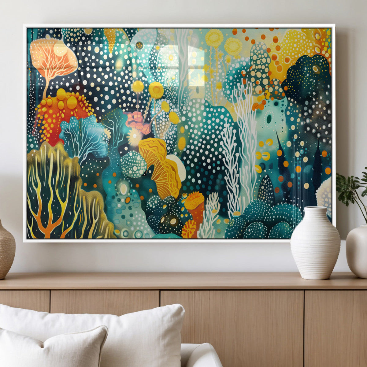 Luminous Abstract Ocean Garden Wall Art Canvas Print, Vibrant Coral Reef Marine Life
