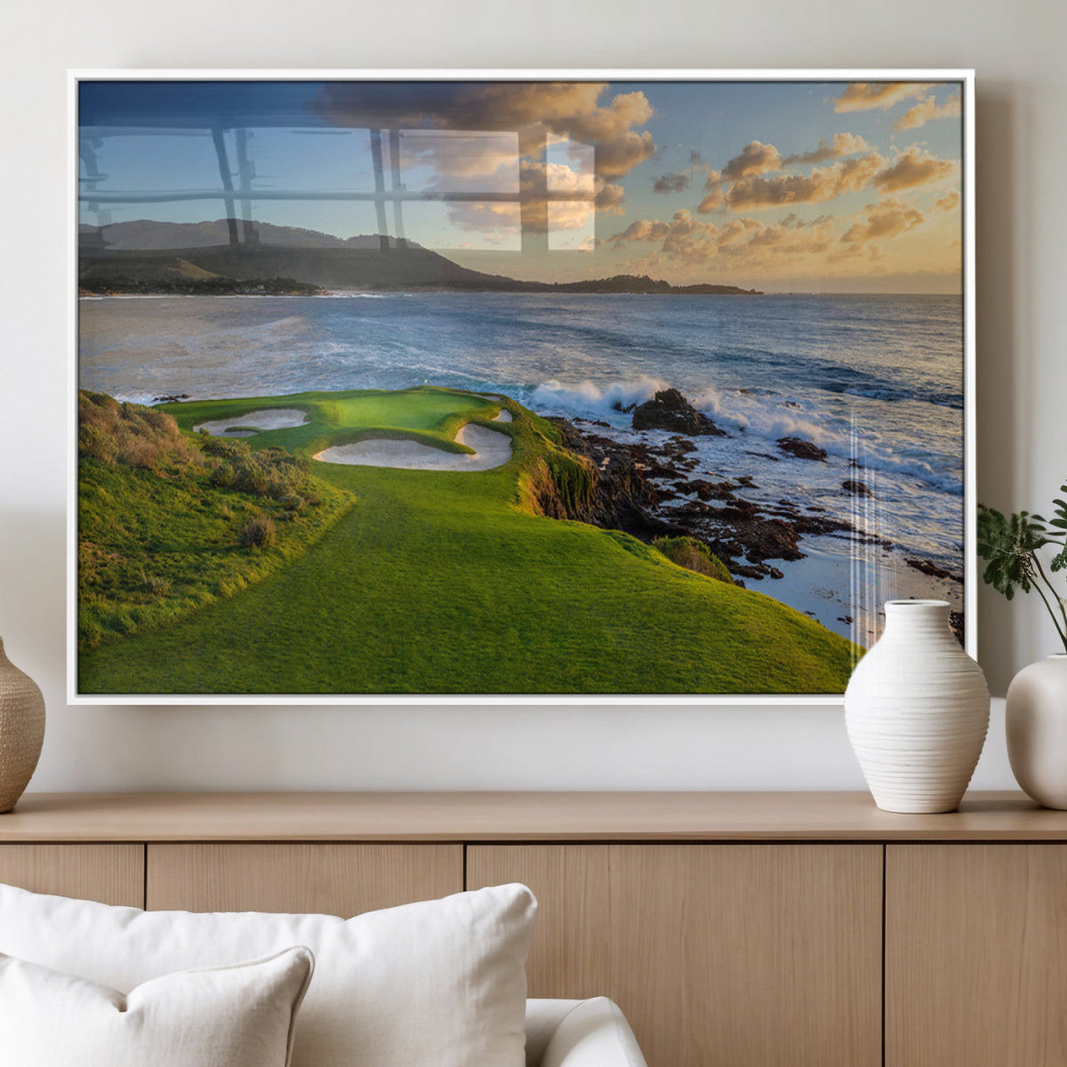 Coastal Golf Course Wall Art Canvas Print, Sunset with Rolling Green Fairways and Ocean Waves