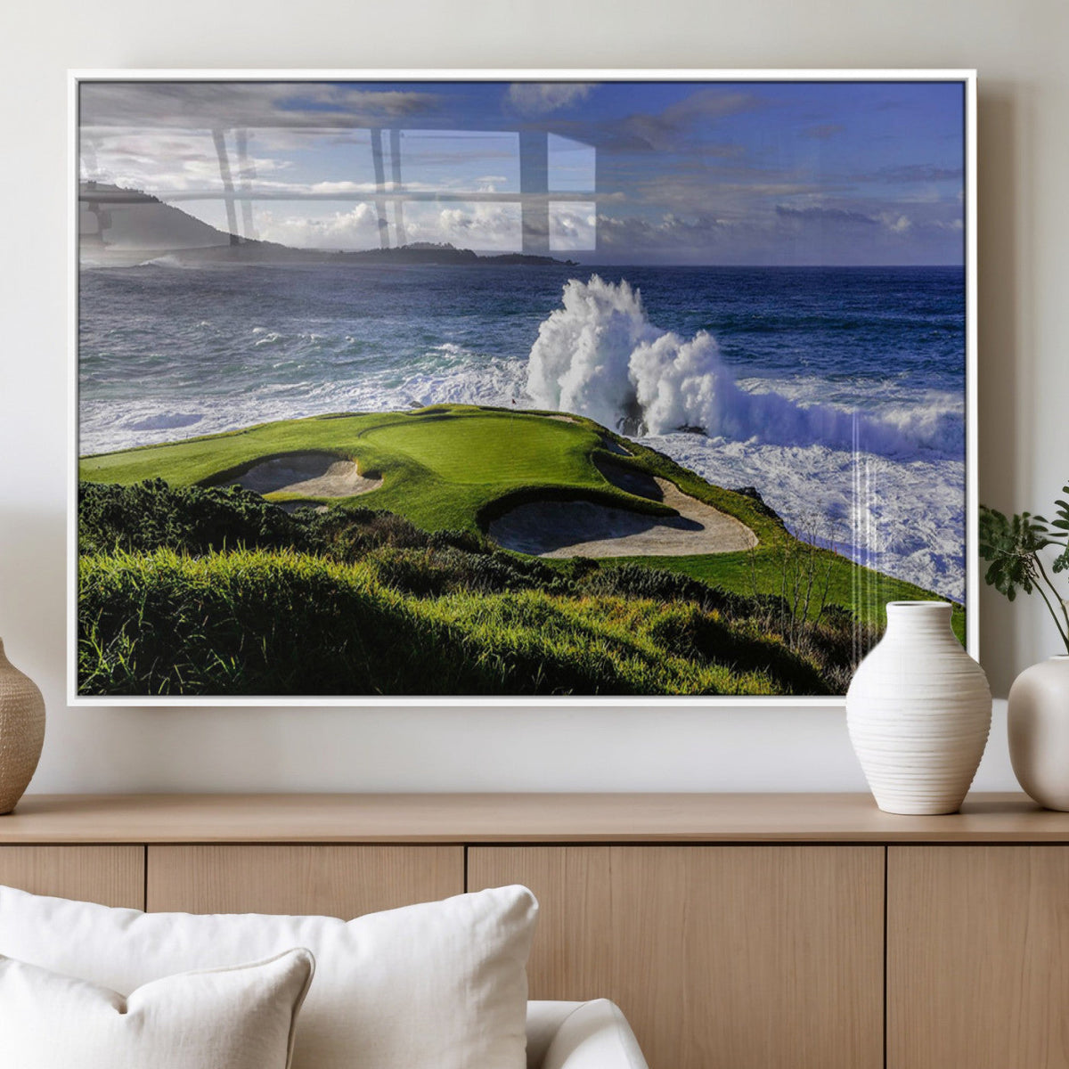 Ocean Waves Crashing Wall Art Canvas Print, Dramatic Rocky Coastline Near a Golf Course