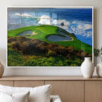 Coastal Golf Course Wall Art Canvas Print, Vibrant Green with Sand Bunkers and Ocean Waves