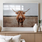 Longhorn Bull Wall Art Canvas Print, Framed Rustic Decor