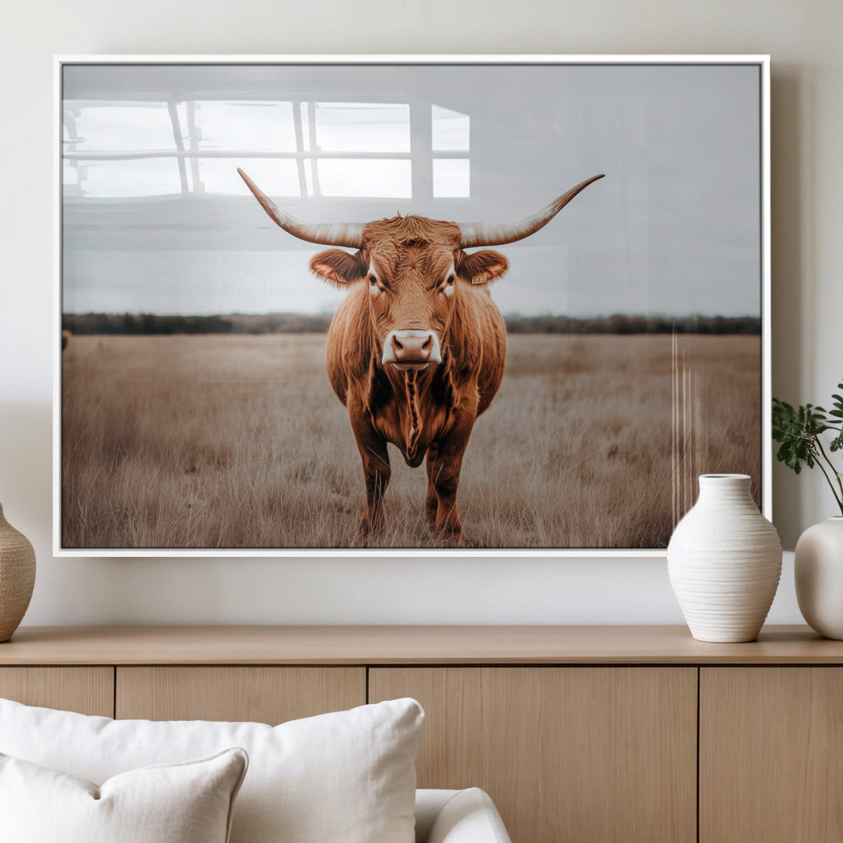 Longhorn Bull Wall Art Canvas Print, Framed Rustic Decor