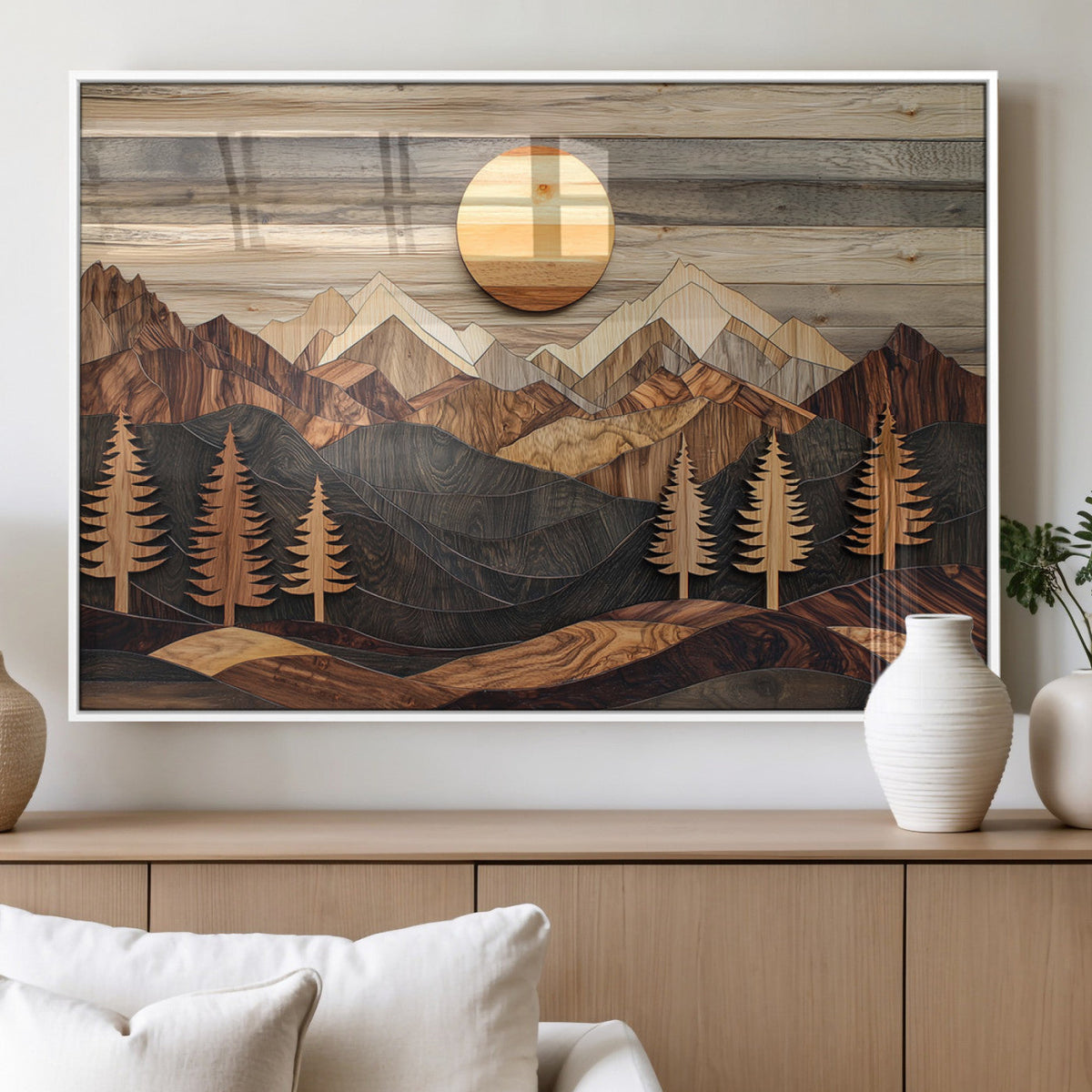 Wooden Mountain Layers Art | Rustic Pine Tree Landscape