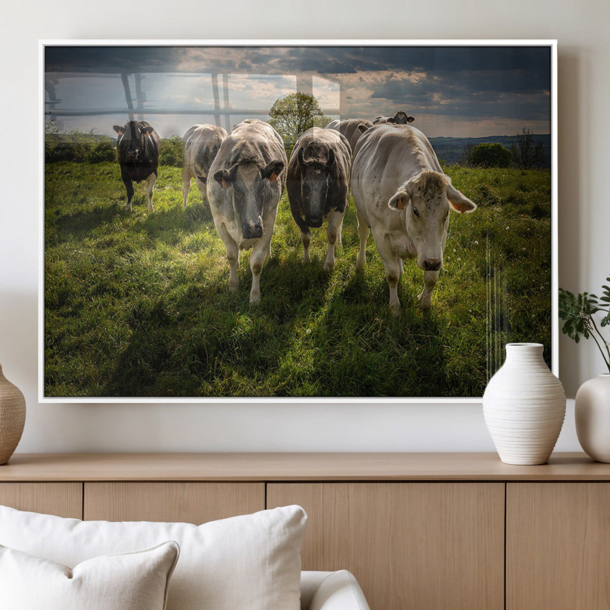 Grazing Cattle Herd Wall Art Canvas Print, Framed Green Pasture Farm Scene