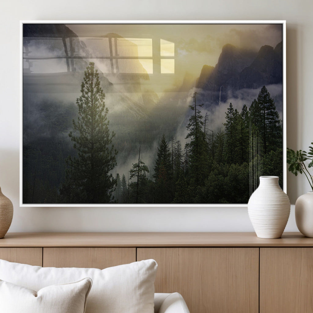 Misty Forest Sunrise Wall Art Canvas Print, Framed Mountain Valley Pine Trees