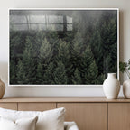 Misty Pine Forest Wall Art Canvas Print, Lush Green Trees Surrounded by Gentle Fog