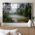 Misty Lake Forest Wall Art, Green Trees and Calm Water Reflection, Mountain Fog Landscape Canvas