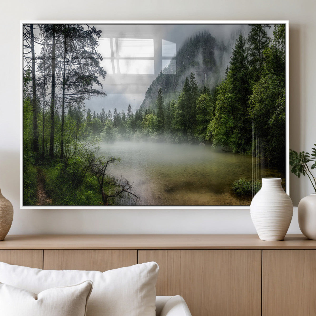 Misty Lake Forest Wall Art, Green Trees and Calm Water Reflection, Mountain Fog Landscape Canvas
