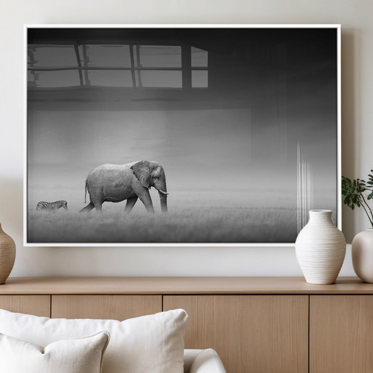 Elephant and Zebra Wall Art Canvas Print, Modern Artwork