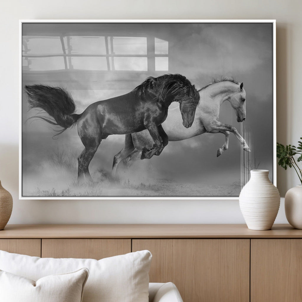 Wild Horses Wall Art Canvas Print, Framed Black and White Galloping Horses