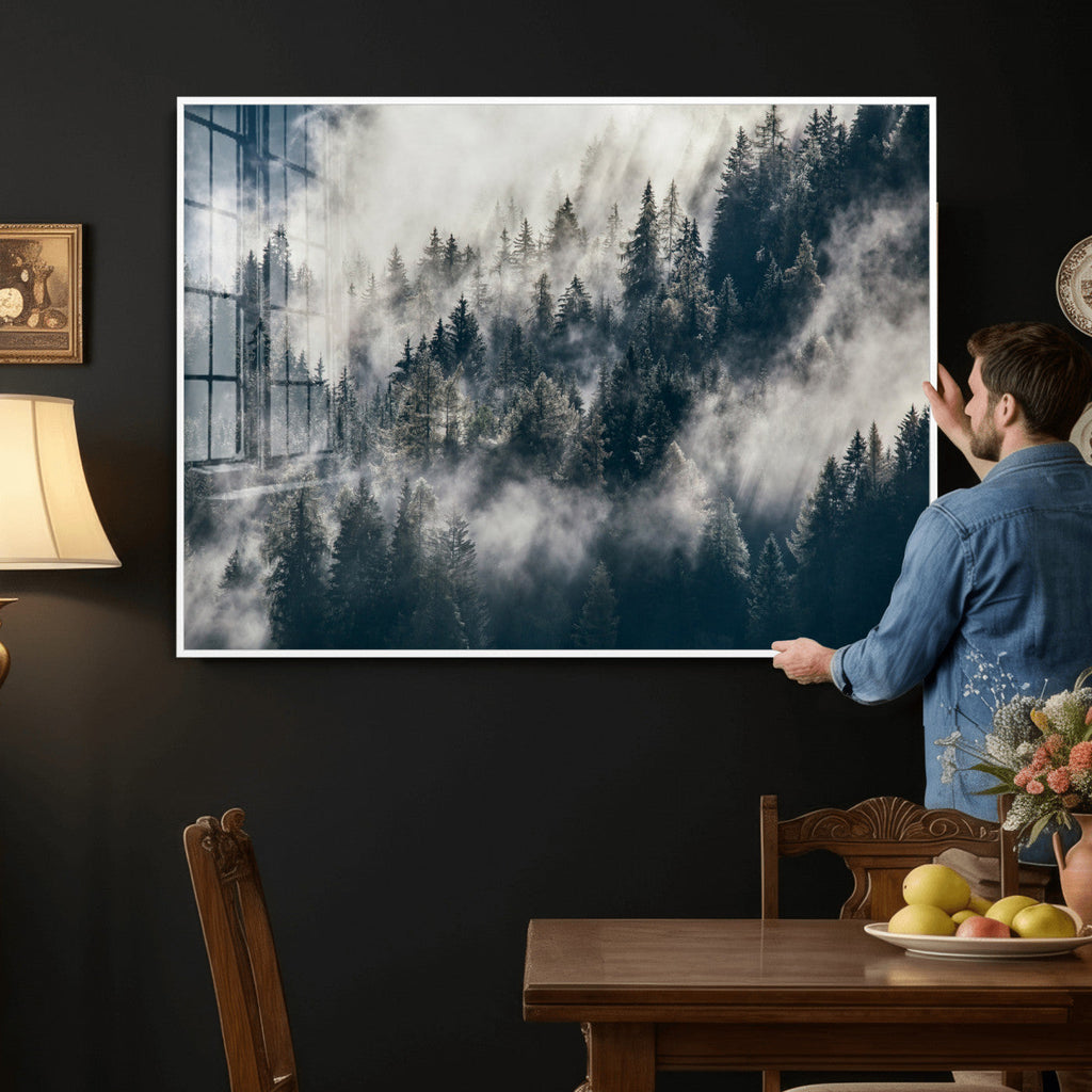 Foggy Mountain Forest Canvas Print, Misty Pine Trees Nature Wall Art