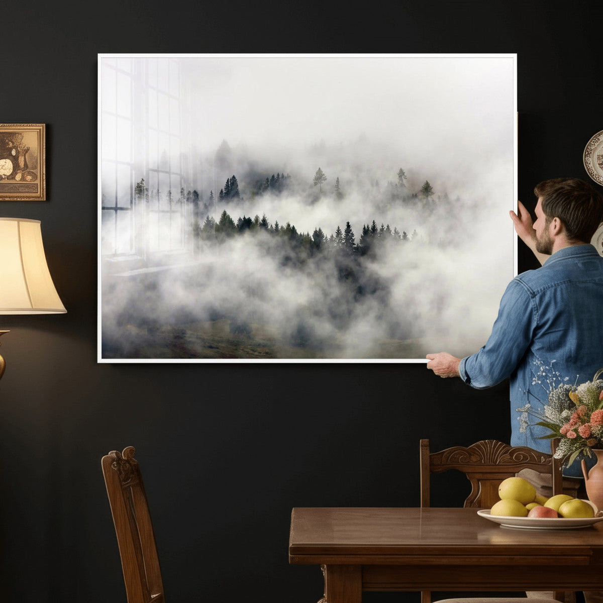 Foggy Forest Wall Art Canvas Print, Misty Pine Tree Landscape