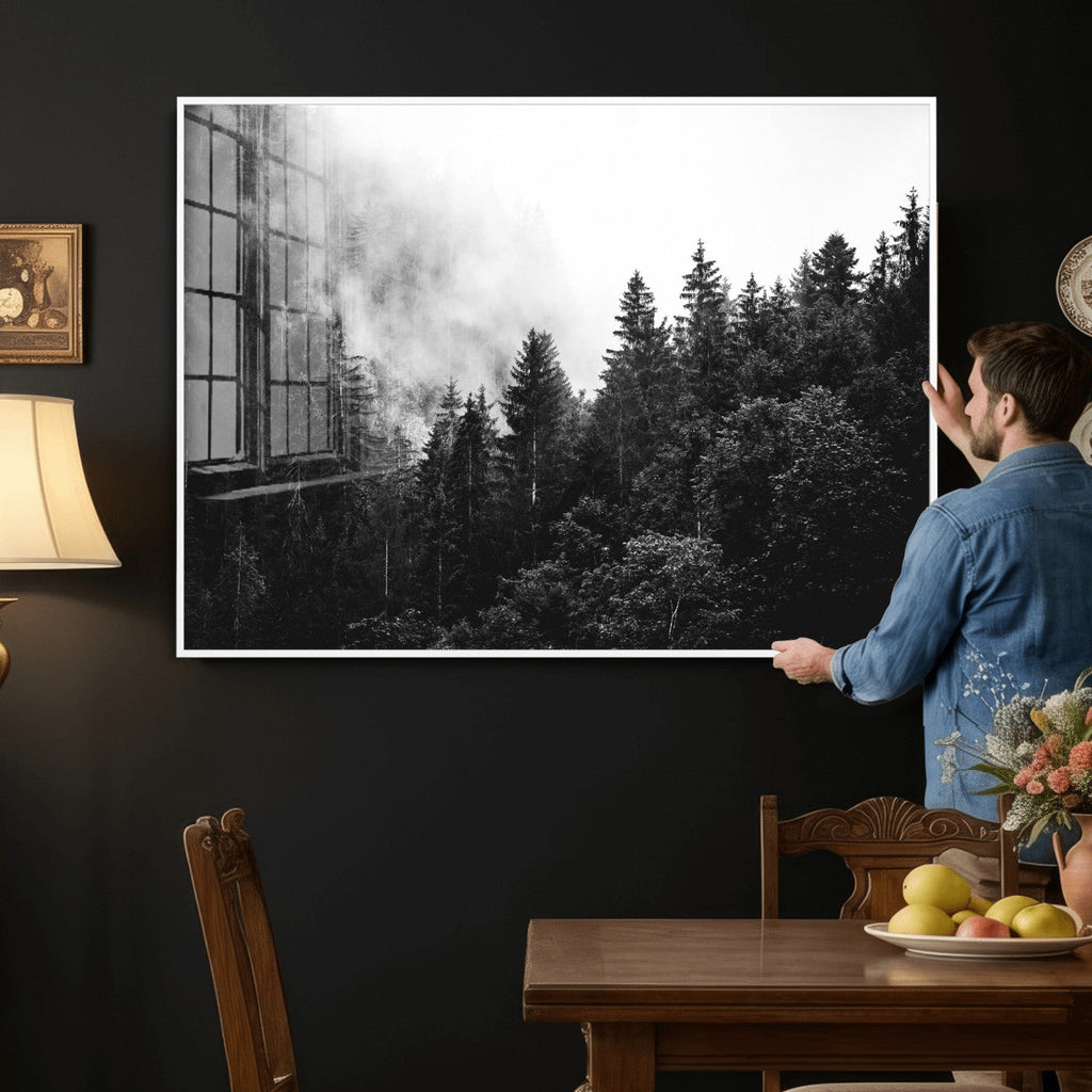 Black White Forest Wall Art Canvas Print, Misty Pine Tree Landscape