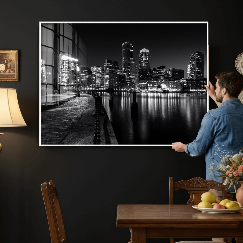Boston Wall Art Canvas Print, Boston City Downtown Night Cityscape