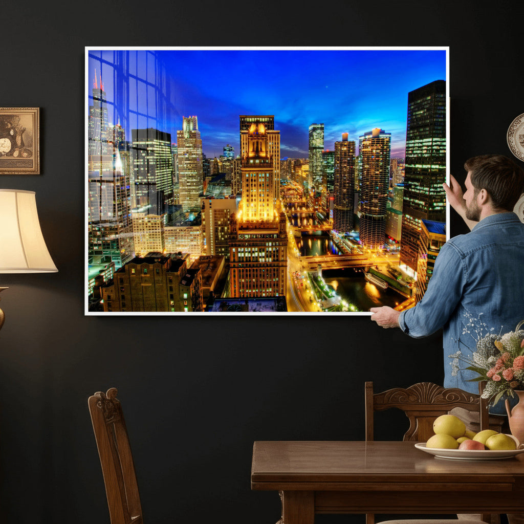 Chicago Wall Art Canvas Print - Chicago City Downtown Night Cityscape
