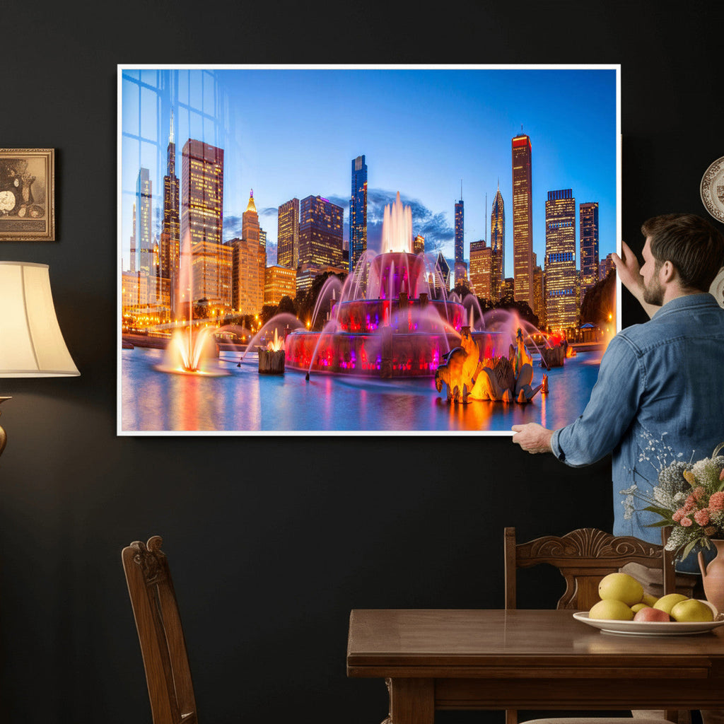 Chicago Wall Art Canvas Print, Chicago City Downtown Night Cityscape
