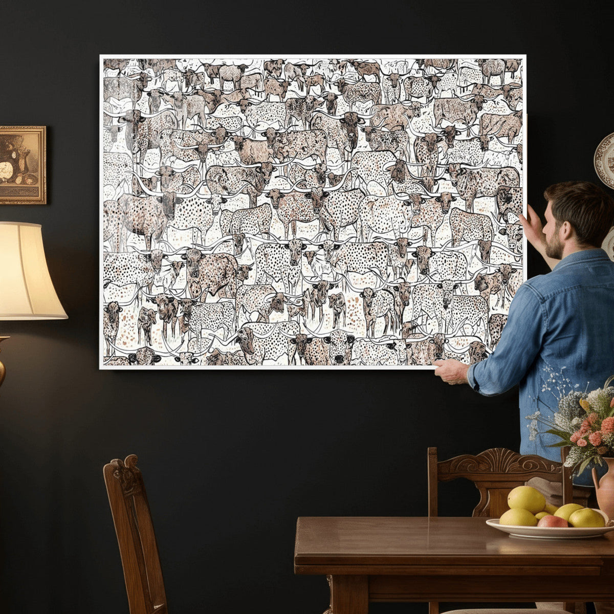 Abstract Texas Cow Wall Art Canvas Print, Farm Longhorn Art for Cabin Decor