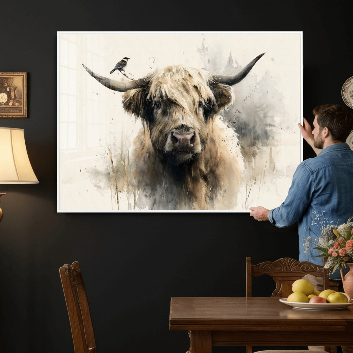 Abstract Highland Cow Wall Art Canvas Print, Rustic Farm Cattle Portrait