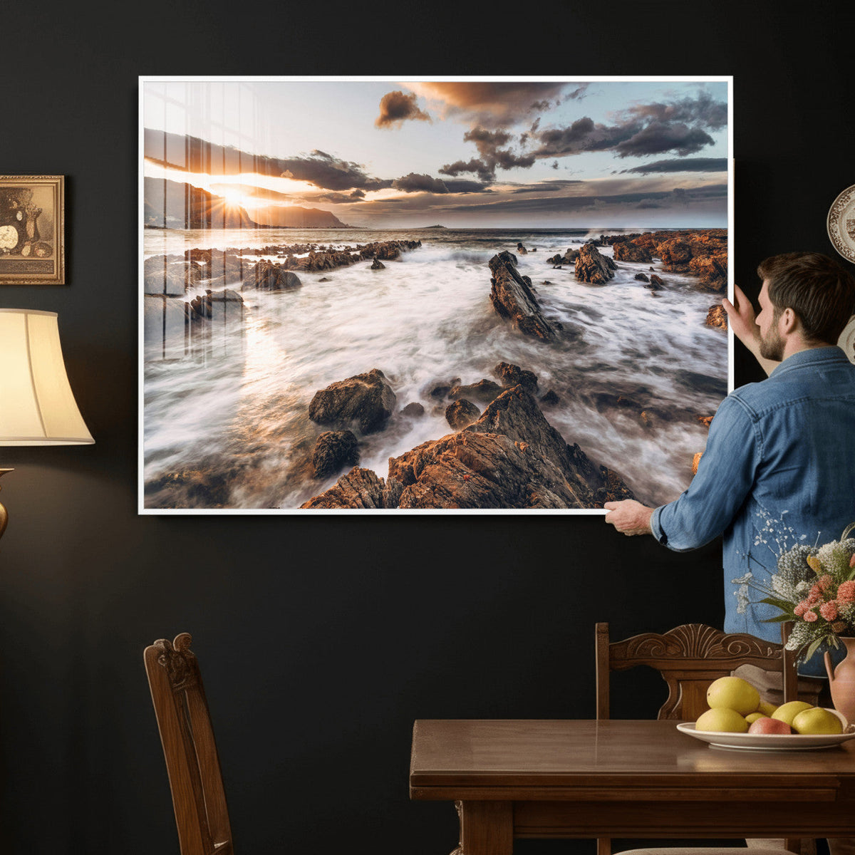 Rocky Coast Ocean Sunset Wall Art Canvas Print, Dramatic Seascape Nature Decor