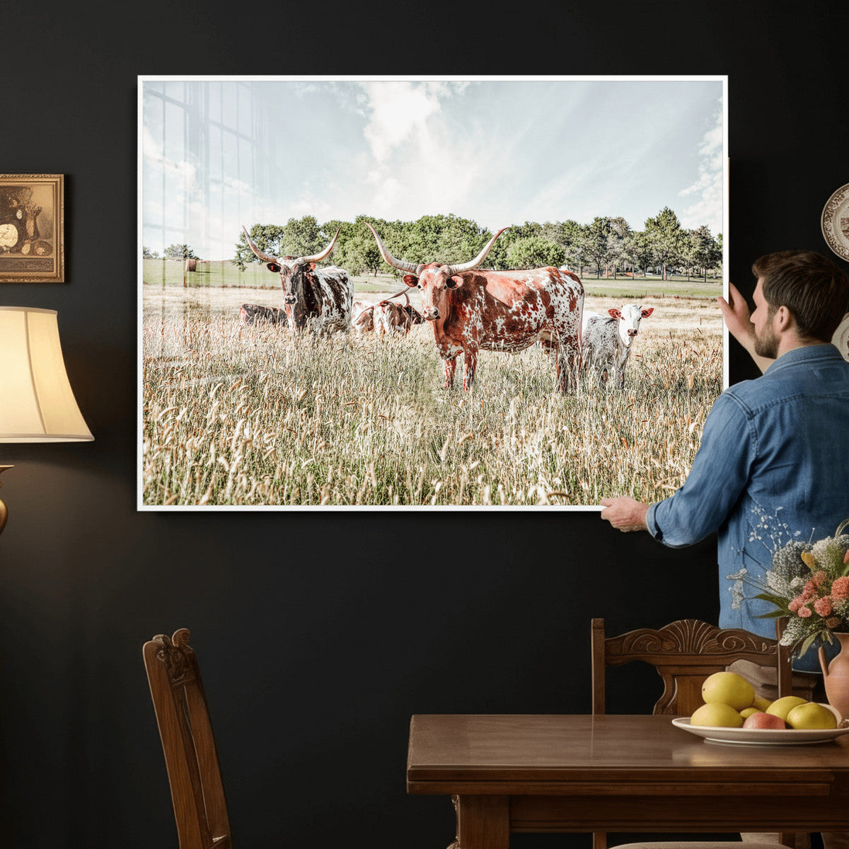 Texas Longhorn Cattle Wall Art Canvas Print, Western Ranch Landscape Decor