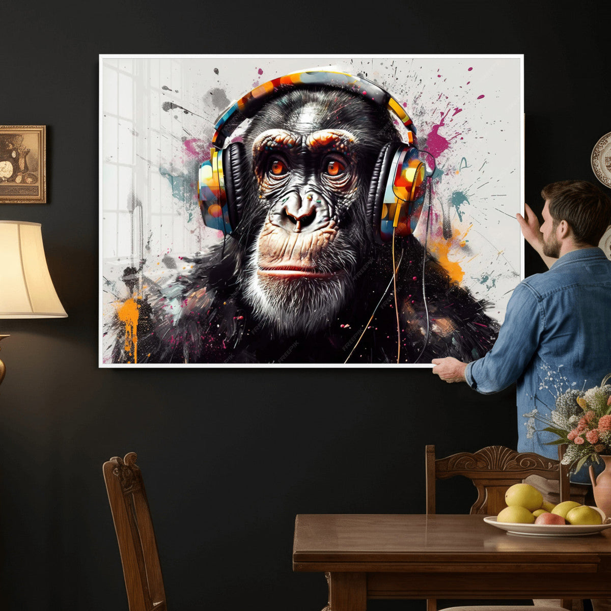DJ Monkey Wall Art Canvas Print | Colorful Pop Art, Banksy Style Graffiti Chimpanzee
