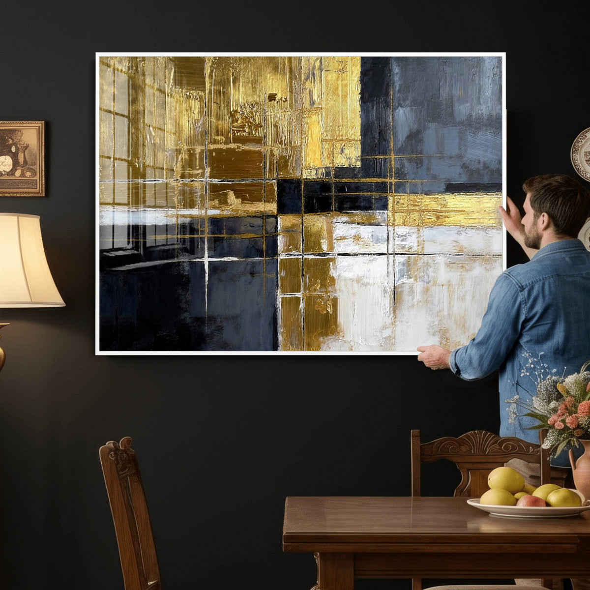Gold Navy Abstract Wall Art Canvas Print, Modern Luxury Geometric Art for Living Room and Office