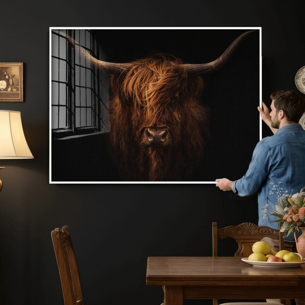 Highland Cow Wall Art Canvas Print | Moody Dark Rustic Farmhouse Portrait