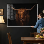 Highland Cow Wall Art Canvas Print | Moody Dark Rustic Farmhouse Portrait