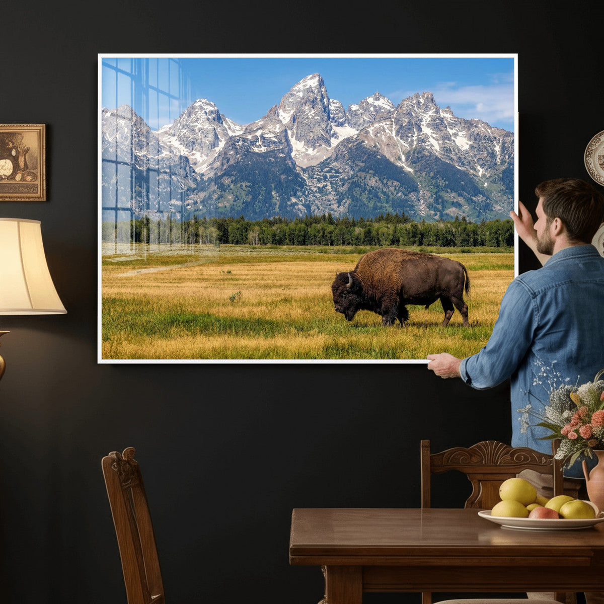 Bison in Mountain Landscape Wall Art Canvas Print, Western Decor