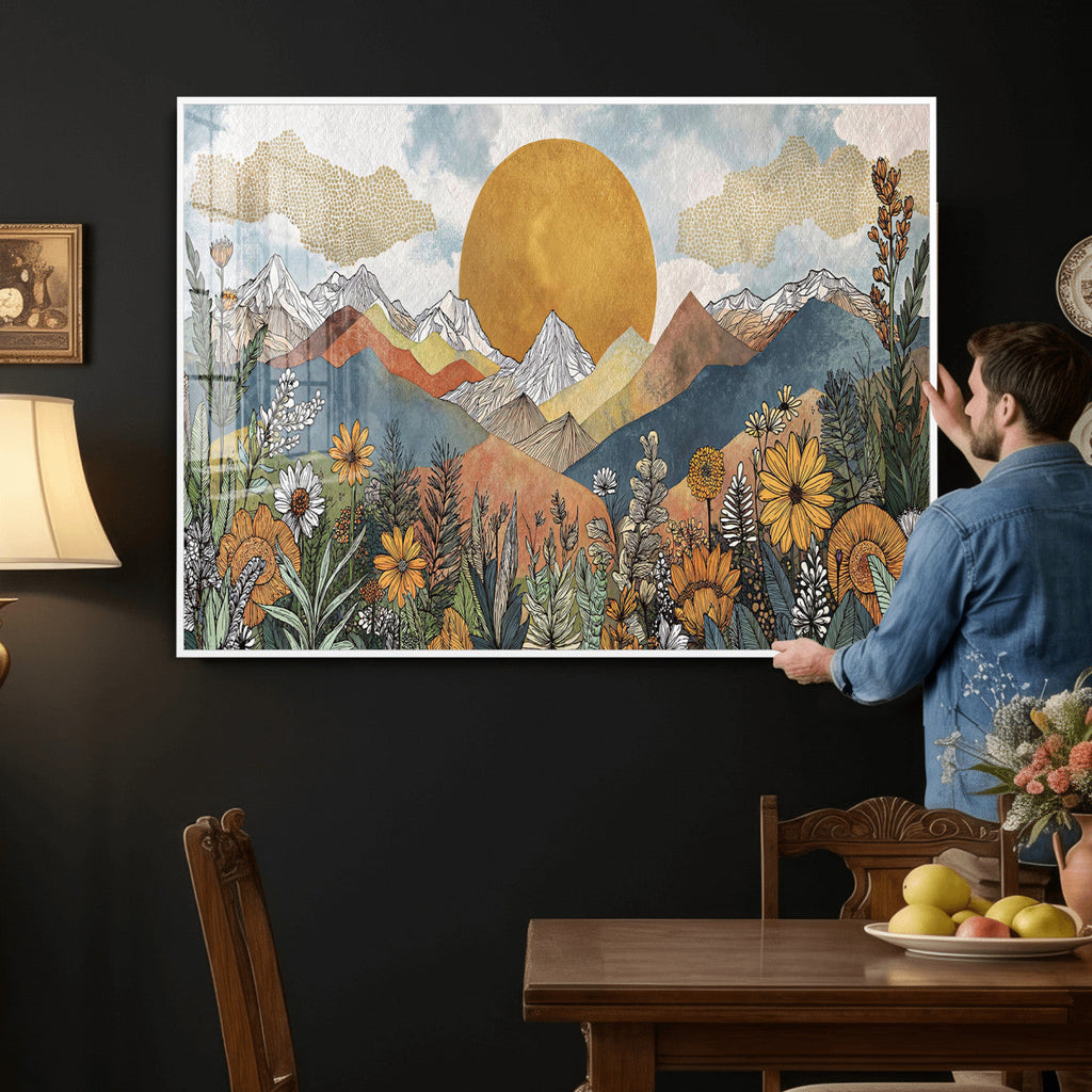 Boho Mountain Landscape Large Wall Art, Horizontal Gold Sun and Flowers Print