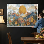 Boho Mountain Landscape Large Wall Art, Horizontal Gold Sun and Flowers Print