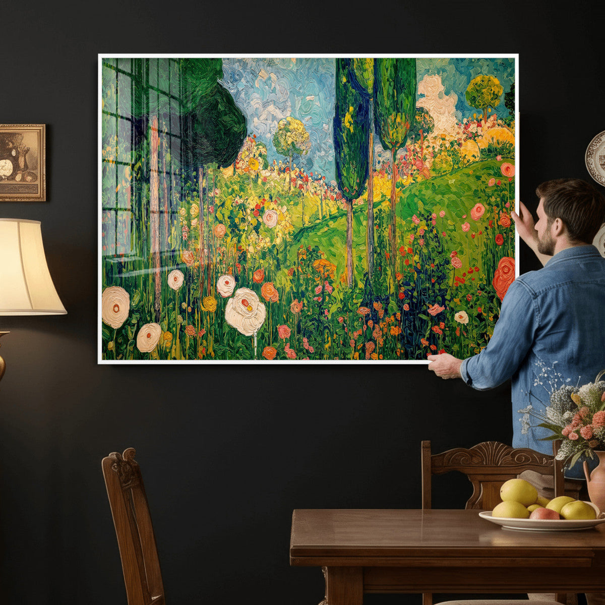 Gustav Klimt Boho Mountain Landscape Large Wall Art, Gold Sun and Flowers Print