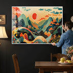 Yayoi Kusama Boho Mountain Landscape Large Wall Art, Gold Sun and Flowers Print