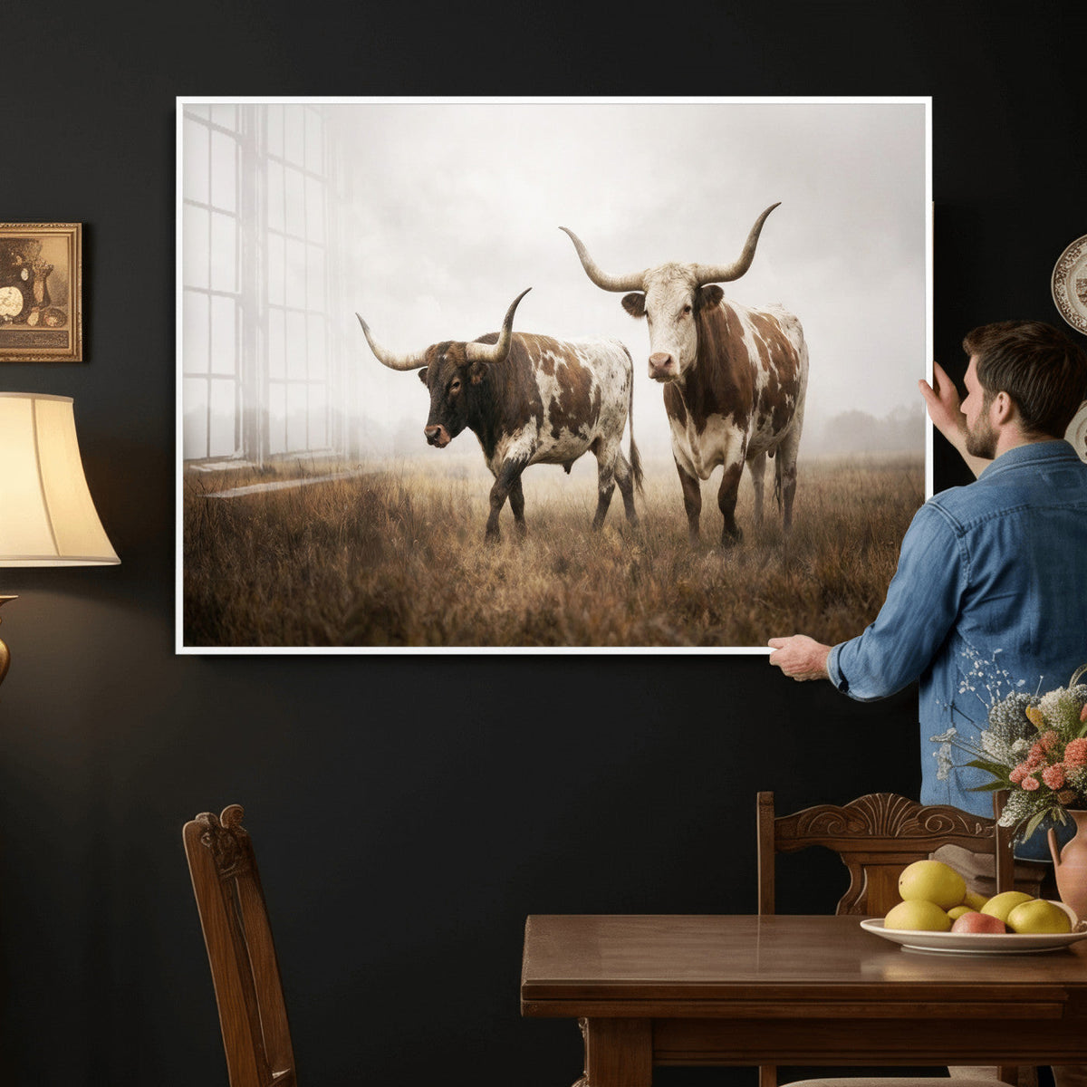 Texas Longhorn Canvas Wall Art Western Bull Desert, Rustic Farmhouse Wall Decor