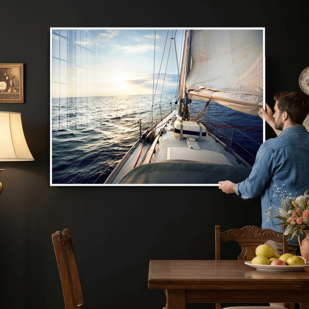 Sailboat Wall Art Canvas Print, Ocean Sunset Sailing Framed Artwork