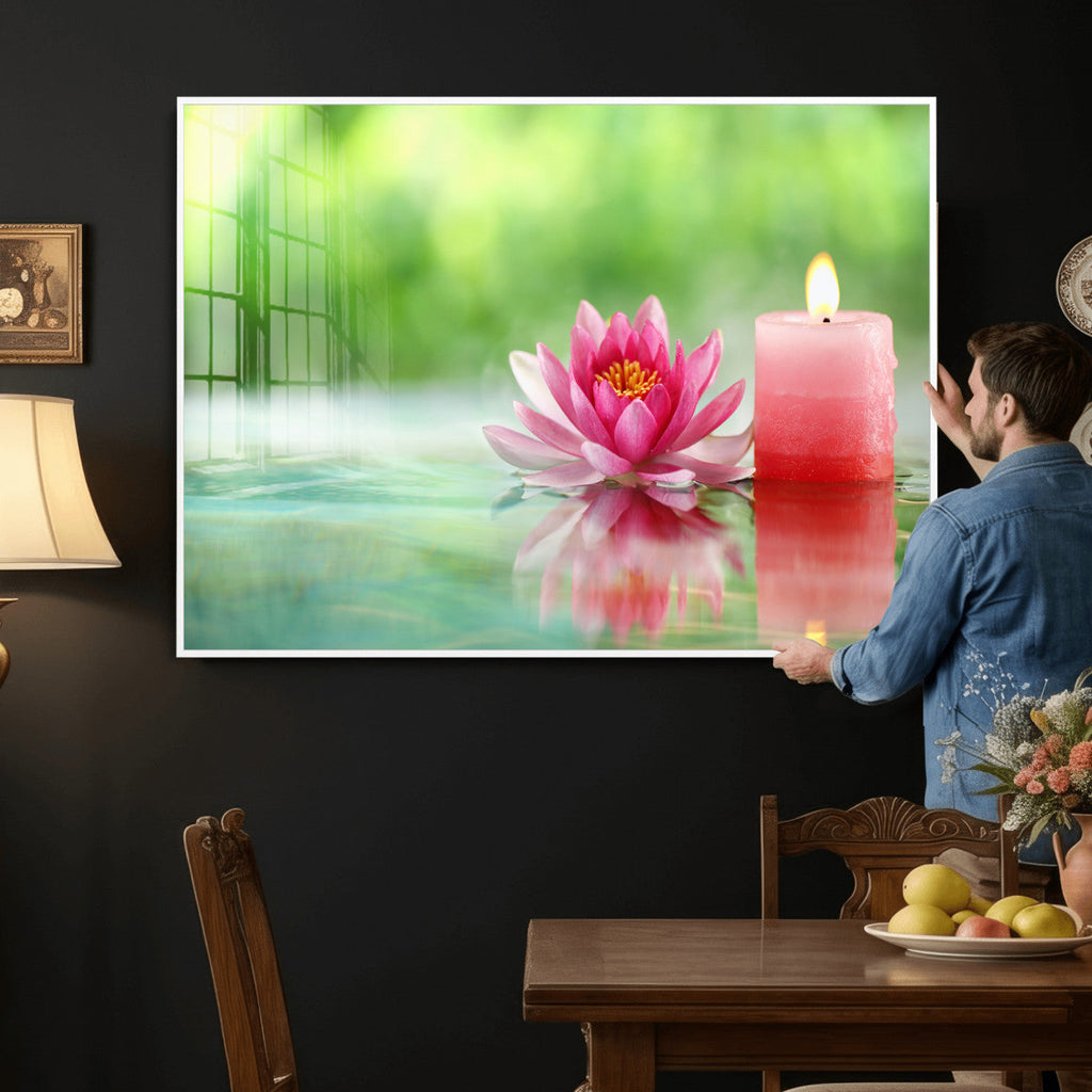 Zen Lotus Candle Canvas Wall Art, Pink Spa Meditation Decor