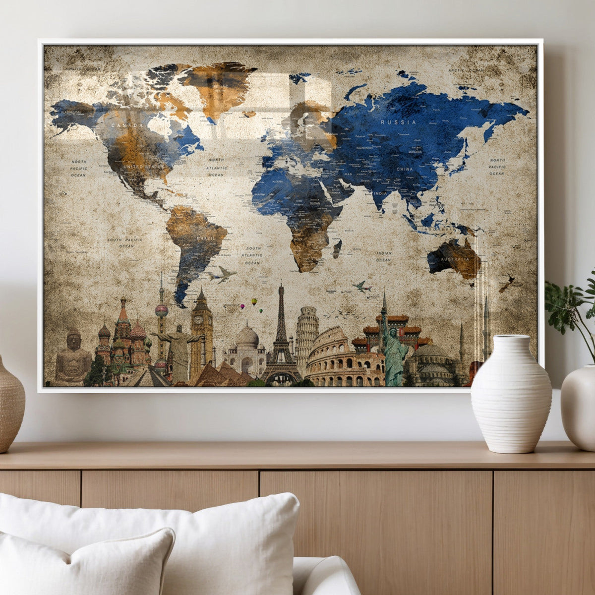 World Map Canvas Print | Vintage Blue and Gold World Map Wall Art
