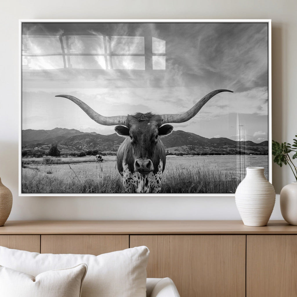 Longhorn Black and White Wall Art | Rustic Western Bull Canvas Print