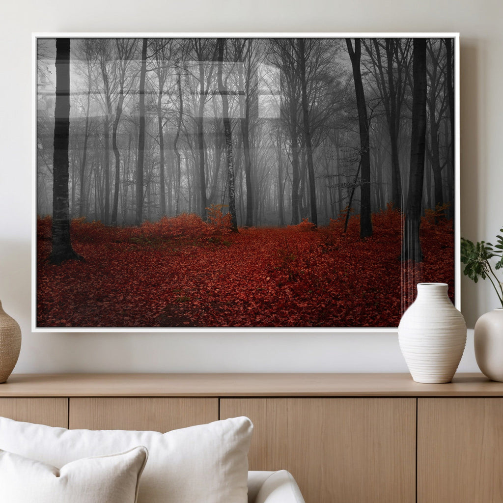 Red Forest Floor Canvas Wall Art | Mystical Foggy Woodland Triptych