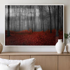 Red Forest Floor Canvas Wall Art | Mystical Foggy Woodland Triptych
