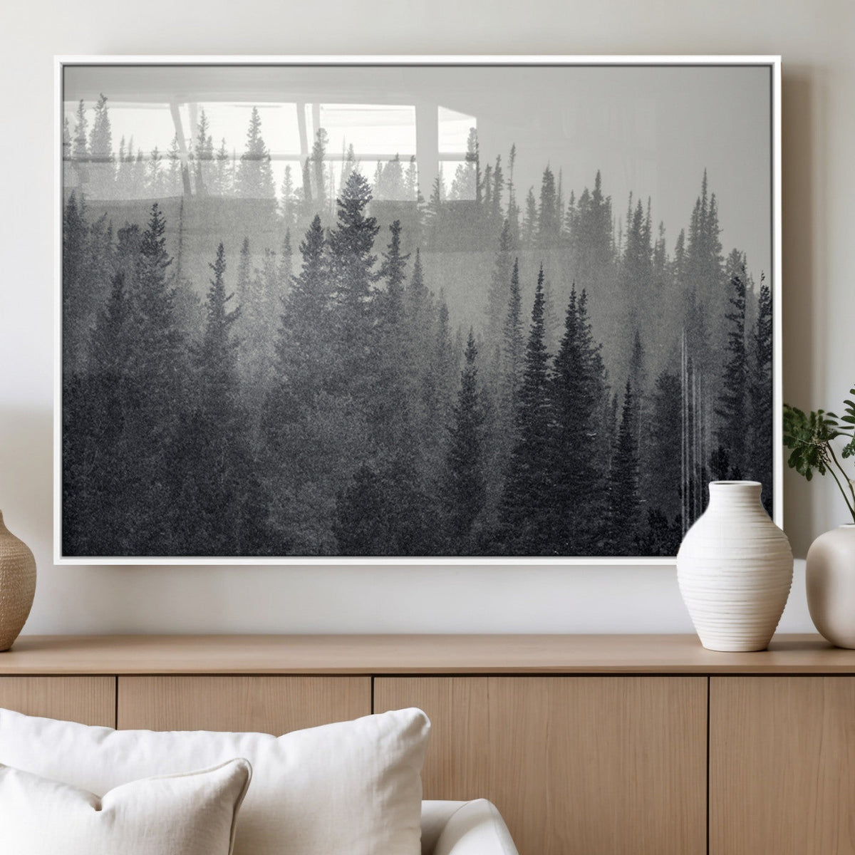 Misty Forest Canvas Wall Art | Monochrome Triptych Pine Tree Print