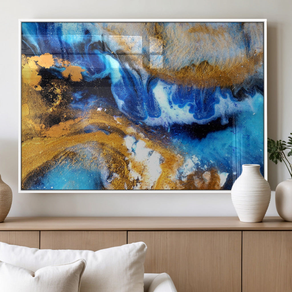 Blue Orange Marble Fluid Effect Canvas Wall Art Print