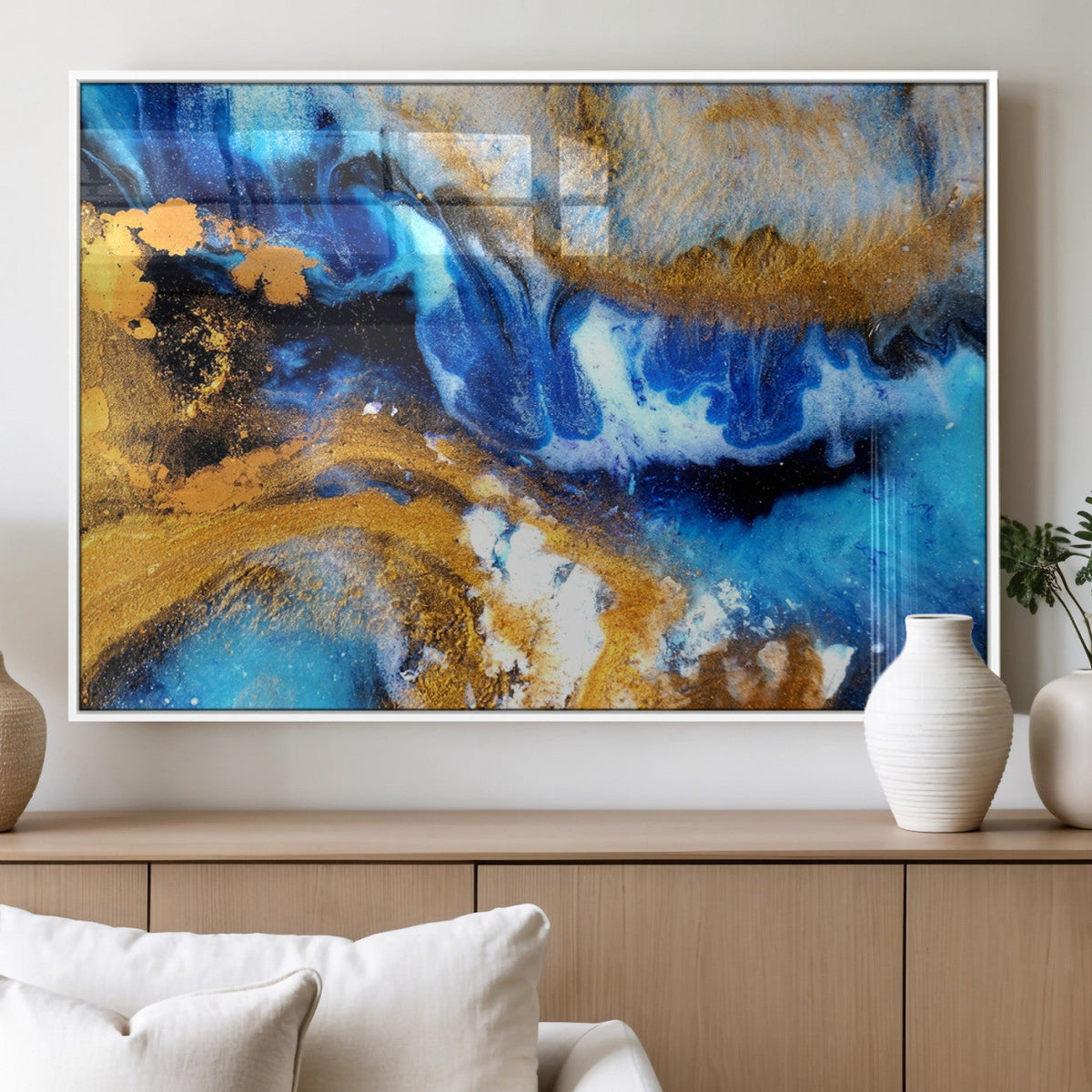 Blue Orange Marble Fluid Effect Canvas Wall Art Print