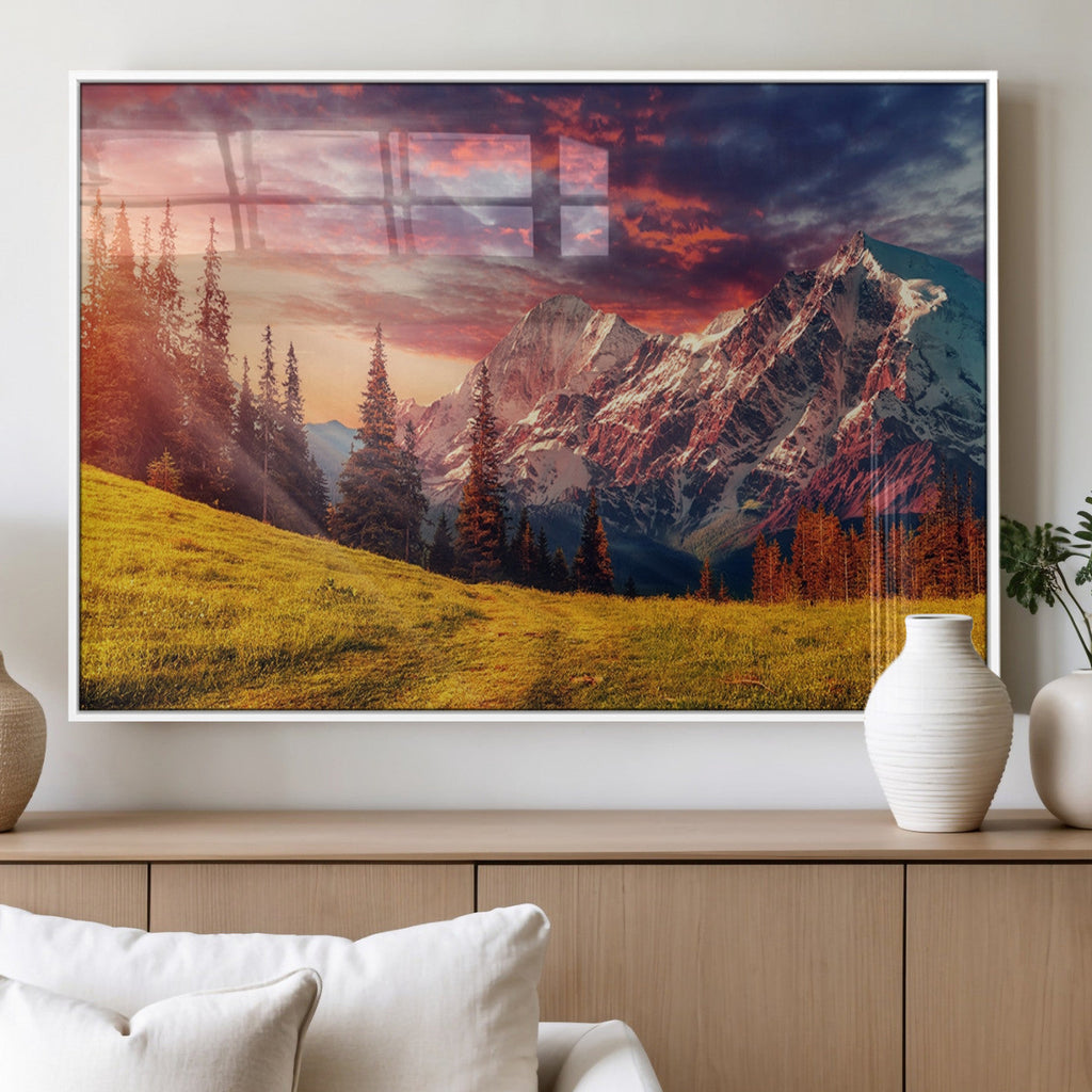 Mountain and Daylight Red Sunset Wall Art Canvas Print