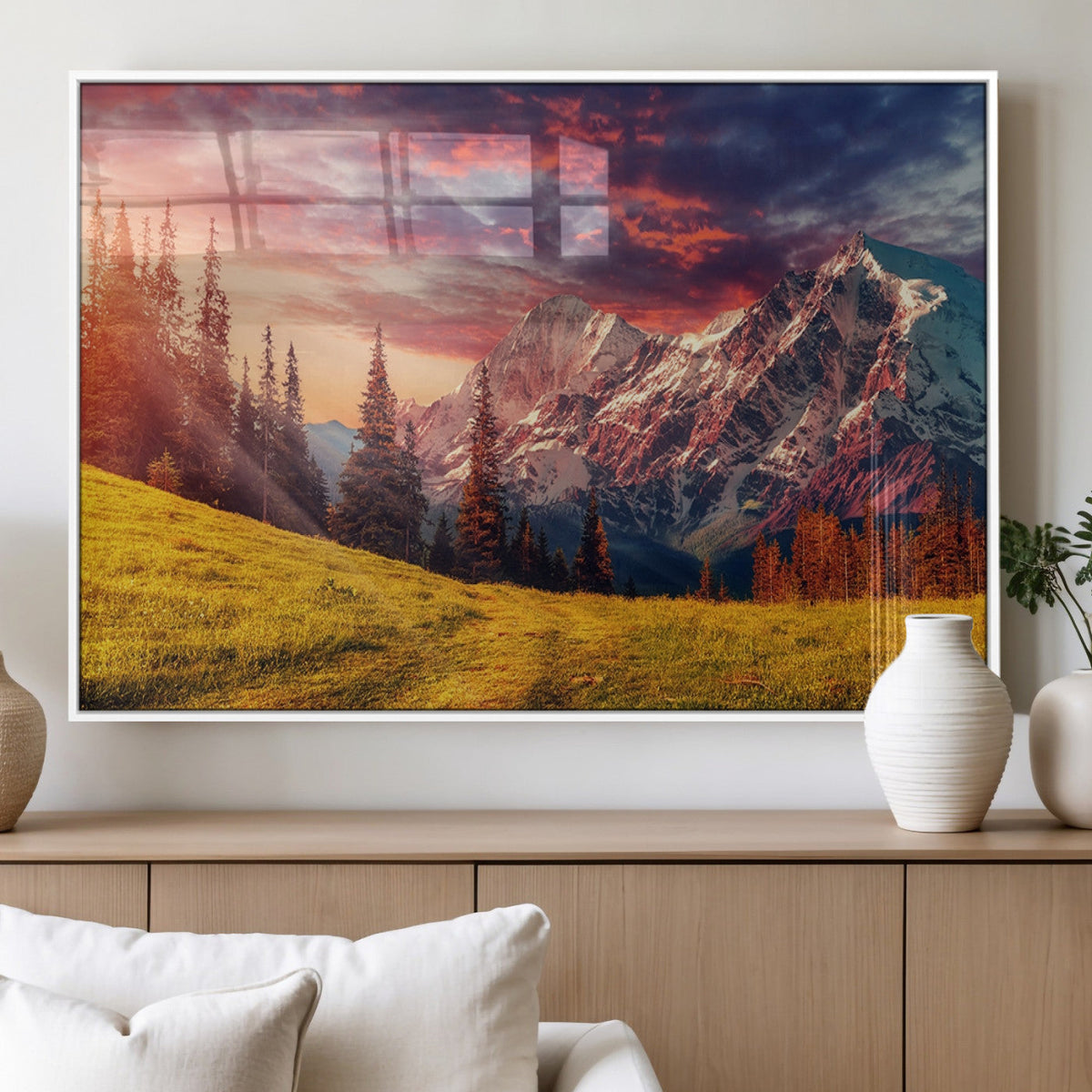 Mountain and Daylight Red Sunset Wall Art Canvas Print