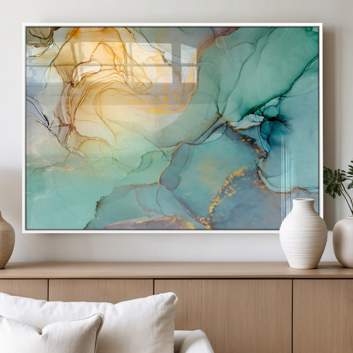 Abstract Aqua and Gold Fluid Wall Art Canvas | 3 Panel Large Canvas Print