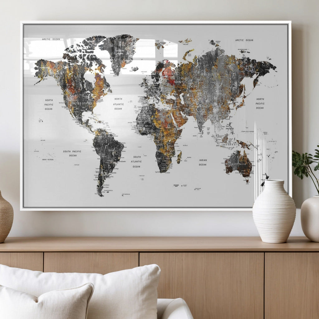 Modern Metallic World Map Canvas Wall Art | Framed Contemporary World Map Print