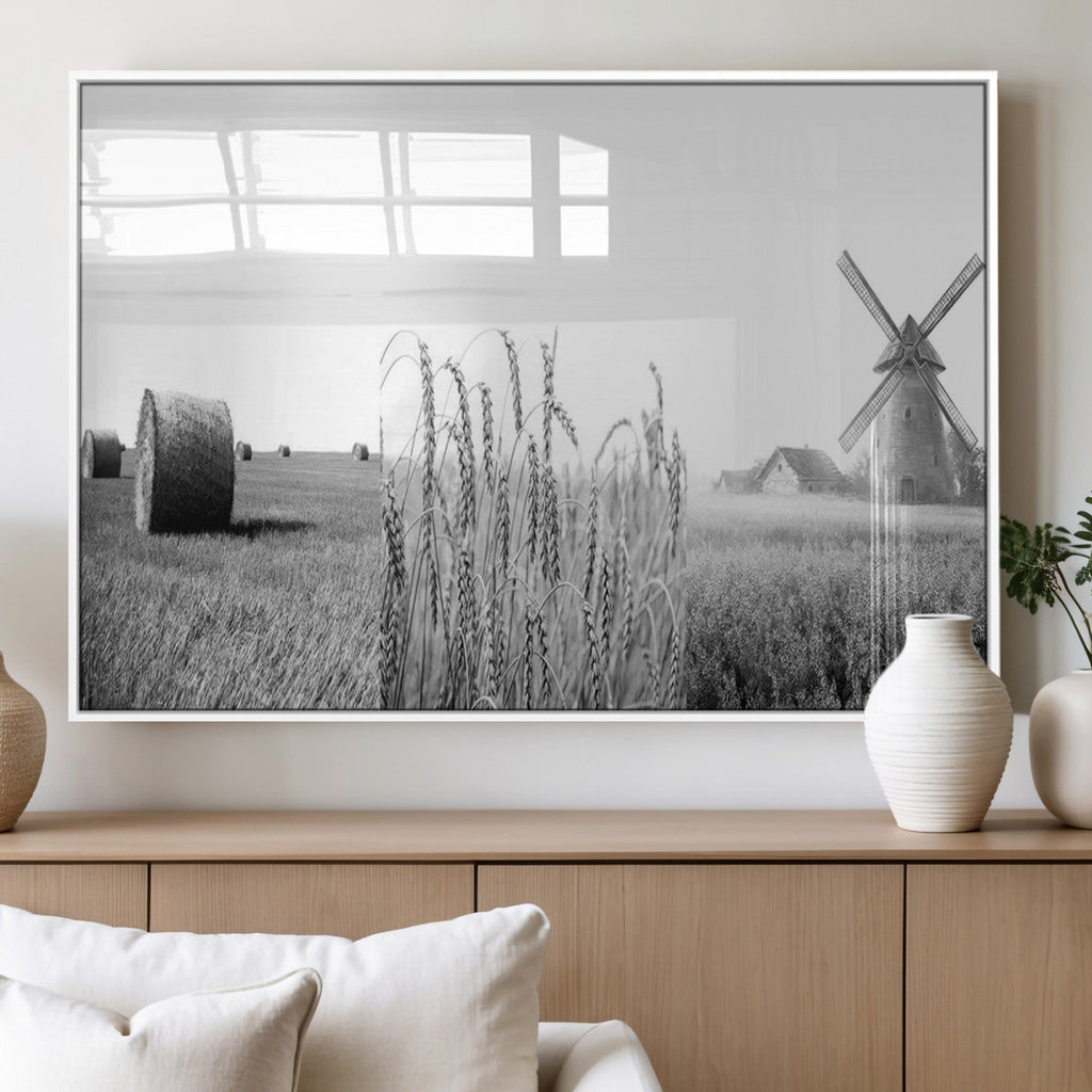 Vintage Farmhouse Black and White Triptych Wall Art, Giclee Canvas with Wheat Fields, Hay Bales and Windmill